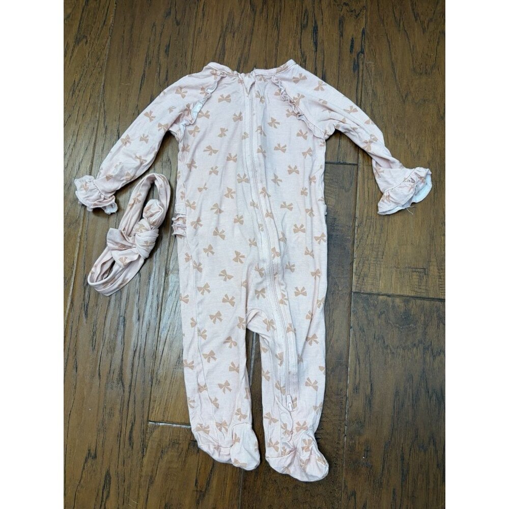 Milkberry Bamboo Baby Girl One-piece Sleeper 6-9 months Pajamas Pink Bows EUC